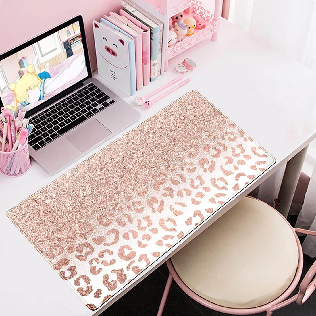 Desk Mat XXL Mouse Pad, Pink Rose Gold Leopard Print Office Supplies and Accessories Decor for Women 31.5X15.75In,Stitched Edges Smooth Non-Slip Rubber Bottom, Large Pad