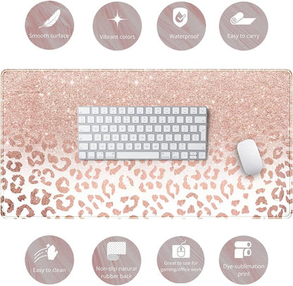 Desk Mat XXL Mouse Pad, Pink Rose Gold Leopard Print Office Supplies and Accessories Decor for Women 31.5X15.75In,Stitched Edges Smooth Non-Slip Rubber Bottom, Large Pad