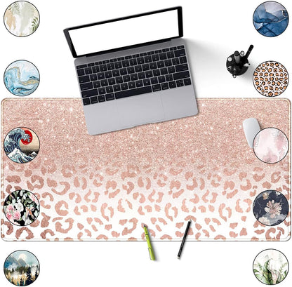 Desk Mat XXL Mouse Pad, Pink Rose Gold Leopard Print Office Supplies and Accessories Decor for Women 31.5X15.75In,Stitched Edges Smooth Non-Slip Rubber Bottom, Large Pad