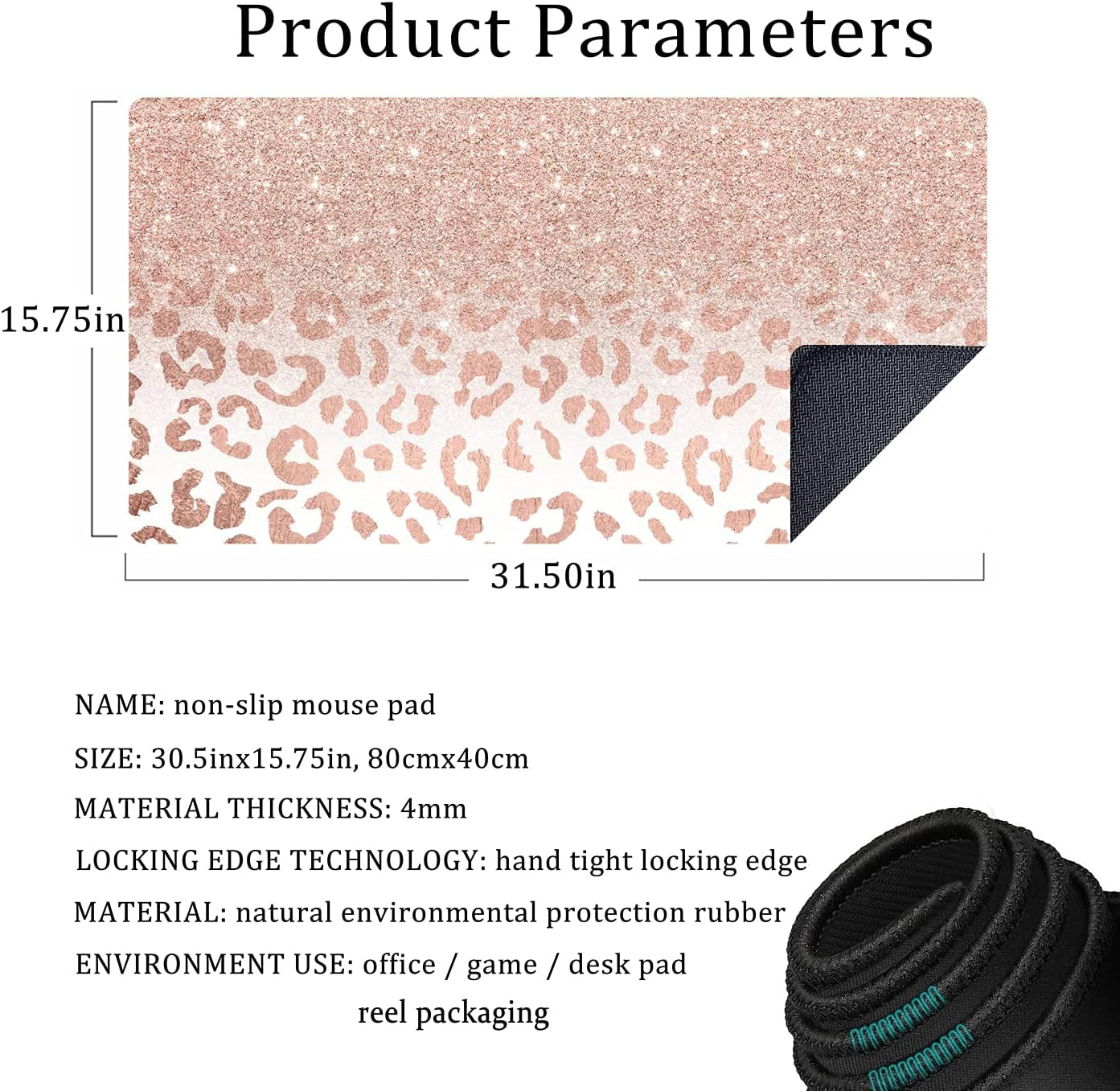 Desk Mat XXL Mouse Pad, Pink Rose Gold Leopard Print Office Supplies and Accessories Decor for Women 31.5X15.75In,Stitched Edges Smooth Non-Slip Rubber Bottom, Large Pad