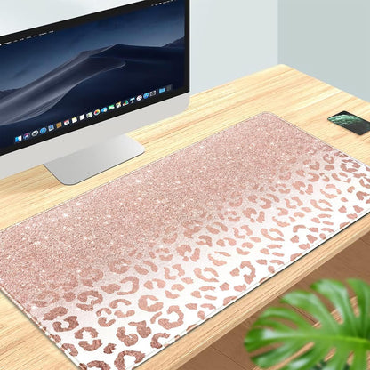 Desk Mat XXL Mouse Pad, Pink Rose Gold Leopard Print Office Supplies and Accessories Decor for Women 31.5X15.75In,Stitched Edges Smooth Non-Slip Rubber Bottom, Large Pad