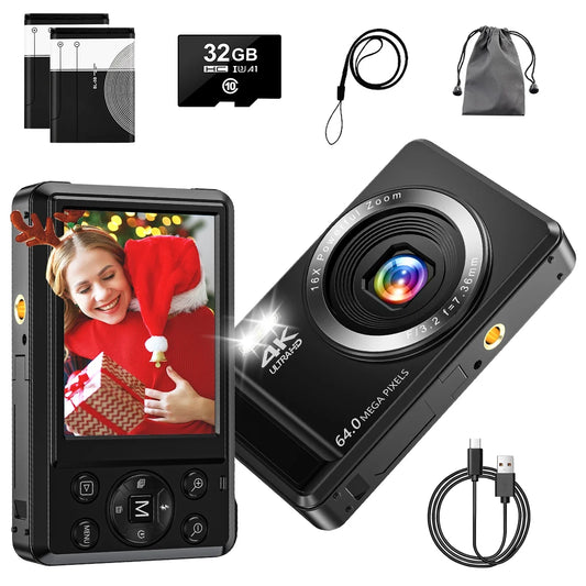 Digital Camera 4K UHD 64MP Vlogging Camera, Autofocus Compact Camera with 16X Digital Zoom, Point and Shoot Digital Camera with 32GB SD Card & 2 Batteries