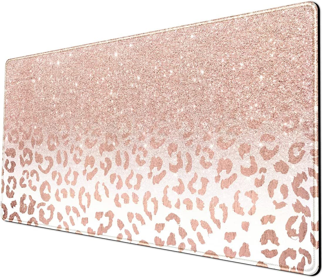 Desk Mat XXL Mouse Pad, Pink Rose Gold Leopard Print Office Supplies and Accessories Decor for Women 31.5X15.75In,Stitched Edges Smooth Non-Slip Rubber Bottom, Large Pad