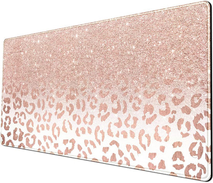 Desk Mat XXL Mouse Pad, Pink Rose Gold Leopard Print Office Supplies and Accessories Decor for Women 31.5X15.75In,Stitched Edges Smooth Non-Slip Rubber Bottom, Large Pad