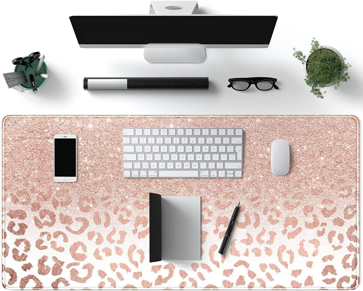 Desk Mat XXL Mouse Pad, Pink Rose Gold Leopard Print Office Supplies and Accessories Decor for Women 31.5X15.75In,Stitched Edges Smooth Non-Slip Rubber Bottom, Large Pad